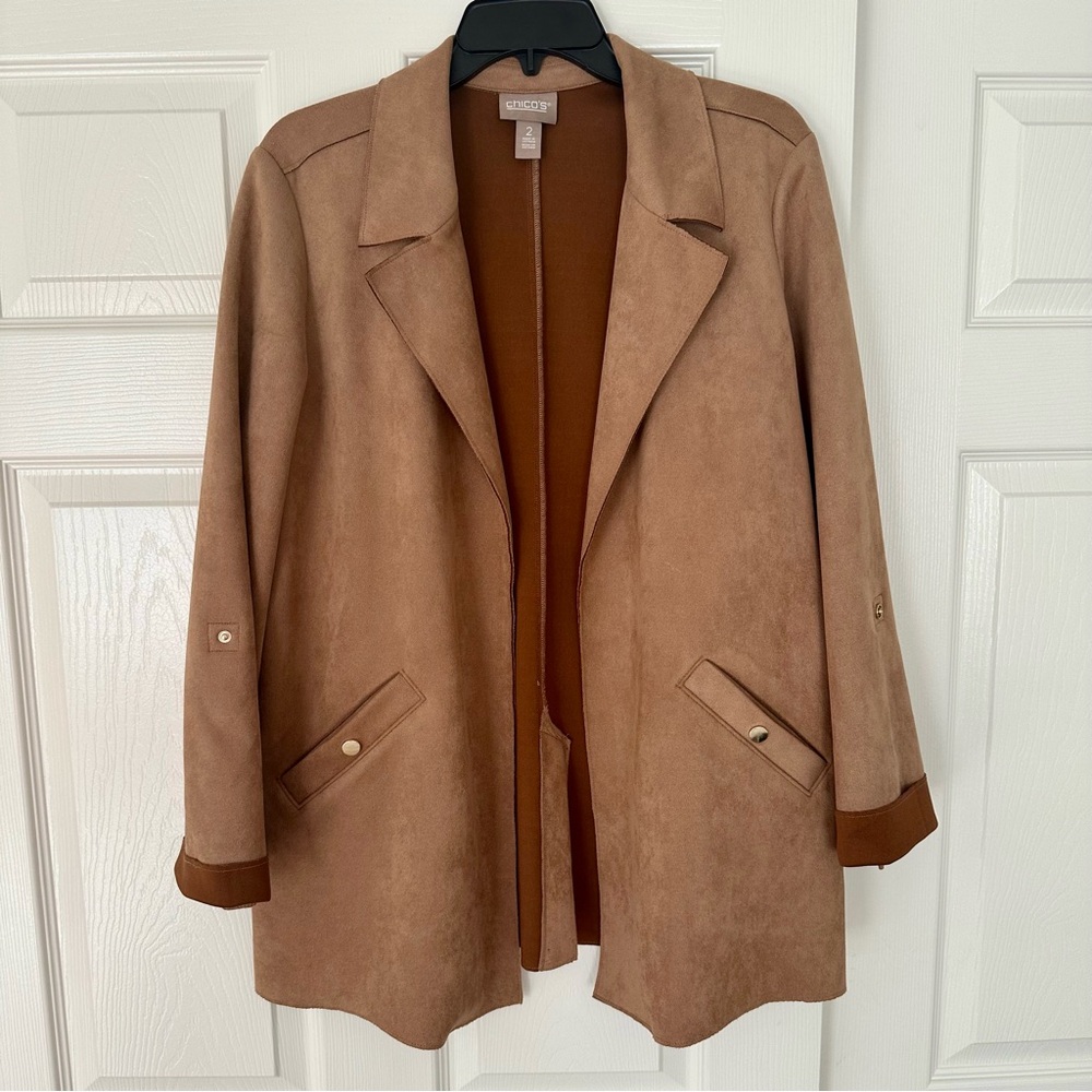 Chico’s Faux Suede Open Blazer Jacket - Chicos Size 2 / US 12-14) Tan Brown